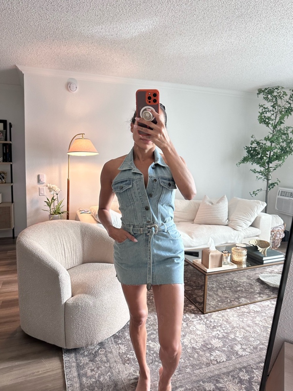 Light Wash Denim Halter Mini Dress with Belt
